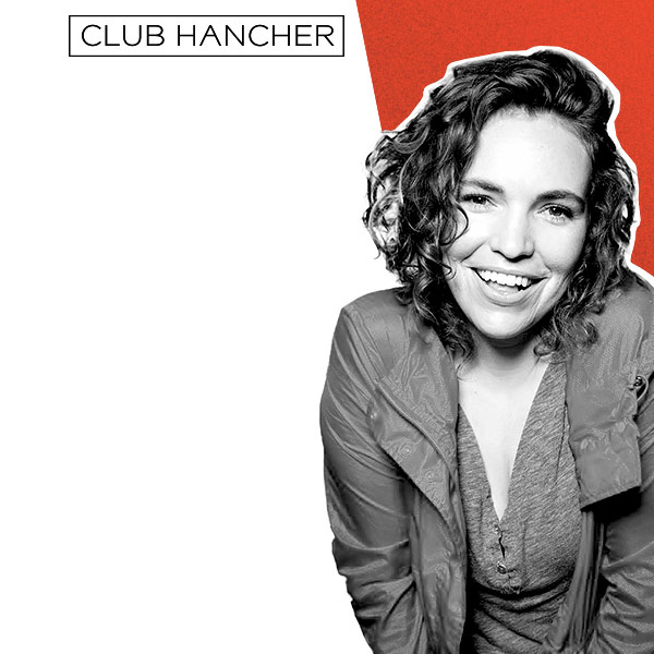 Black and white photo of Beth Stelling against a red background