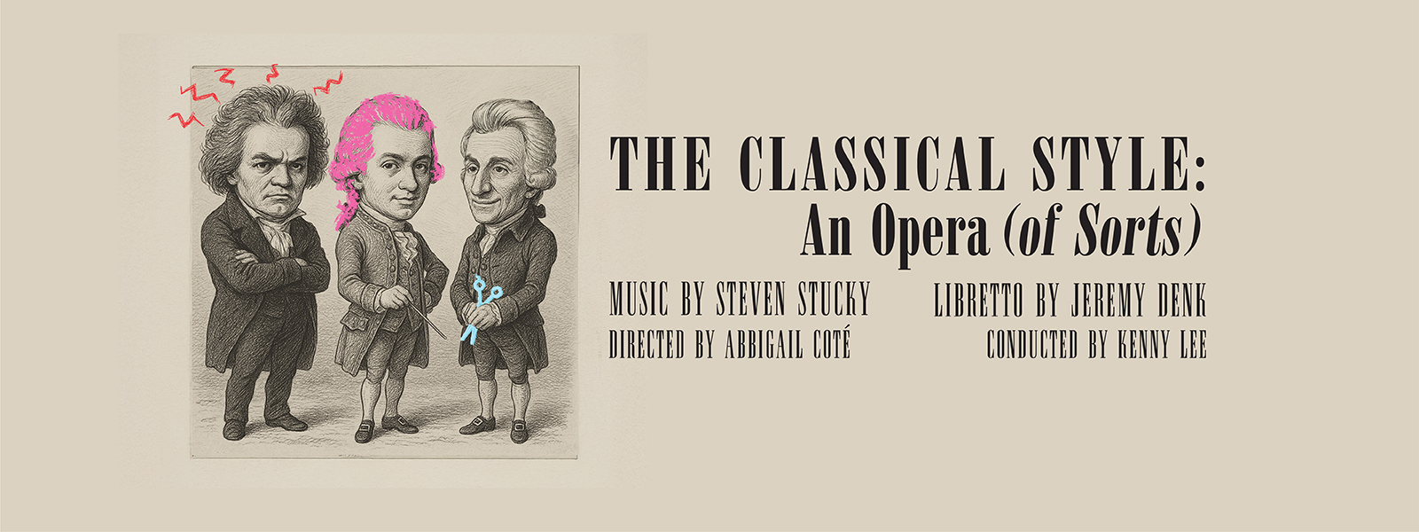 Sketch of Beethoven, Mozart, and Haydn with colorful added sketches over them