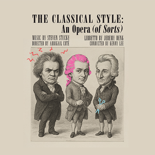 Sketch of Beethoven, Mozart, and Haydn with colorful added sketches over them