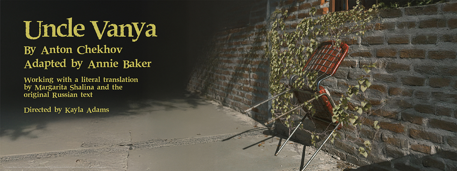 Old metal chair leaning up against a house's brick wall with ivy intertwining the two with seemingly nothing else around