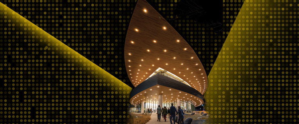 Exterior of Hancher Auditorium lit up at night