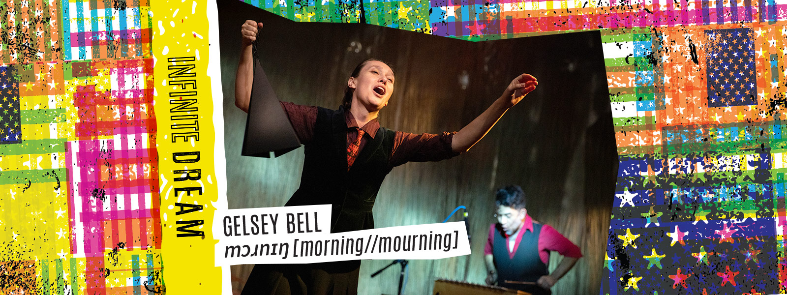 Gelsey Bell performing on stage holding a prop