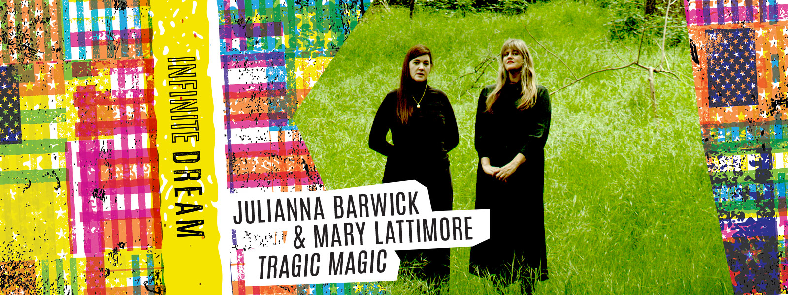 Julianna Barwick and Mary Lattimore standing in a grassy field wearing all black