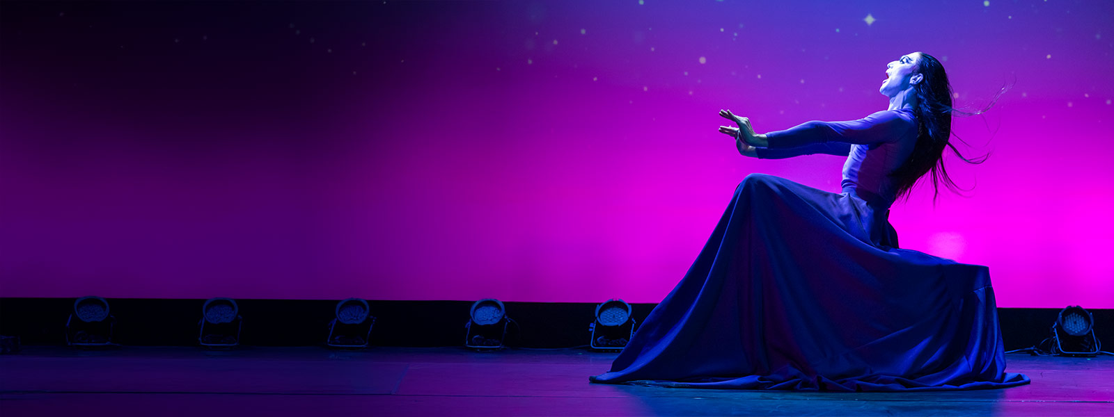 Dancer performing Marthaodyssey in a deep lunge with arms extended straight forward and cupped hands