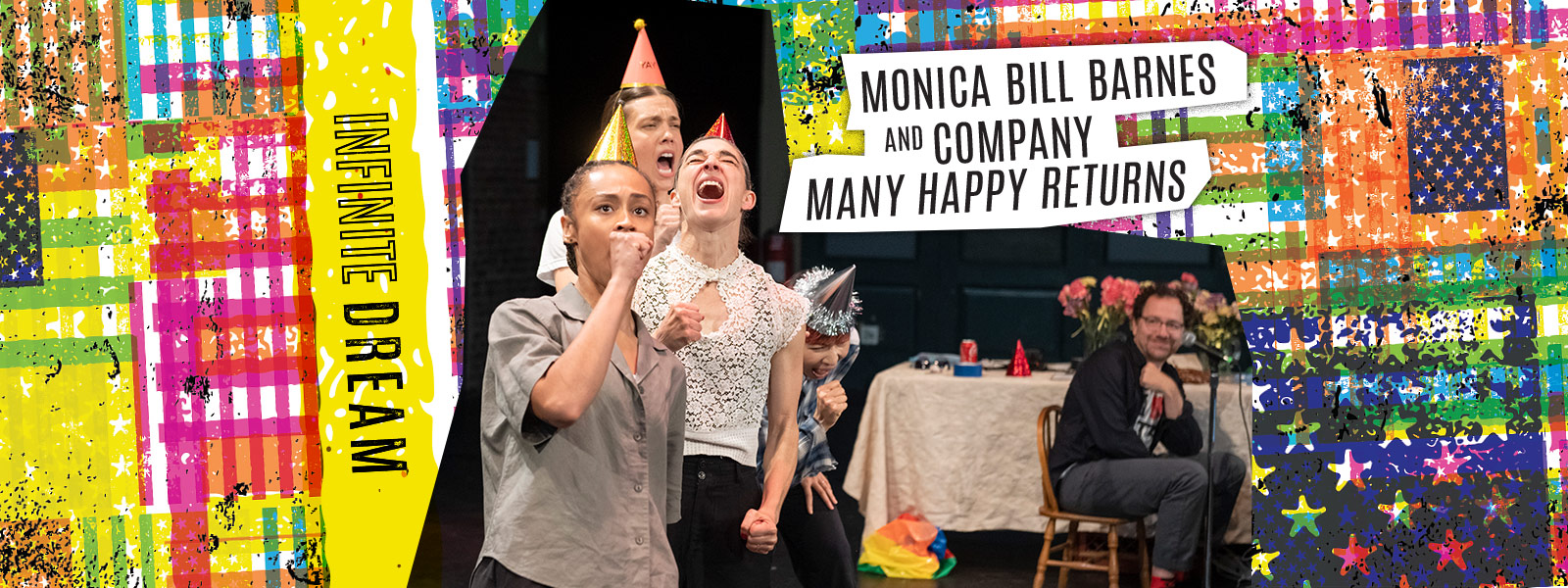 Monica Bill Barnes & Company performing wearing party hats
