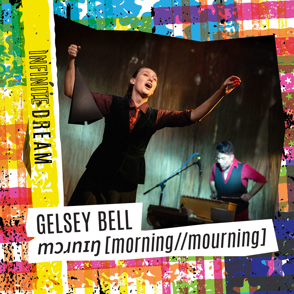 Gelsey Bell performing on stage holding a prop
