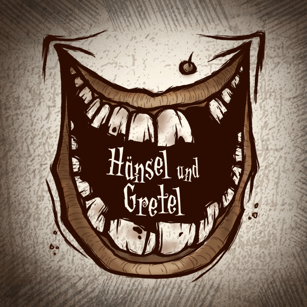 An evil smiling witch's mouth with Hänsel and Gretel