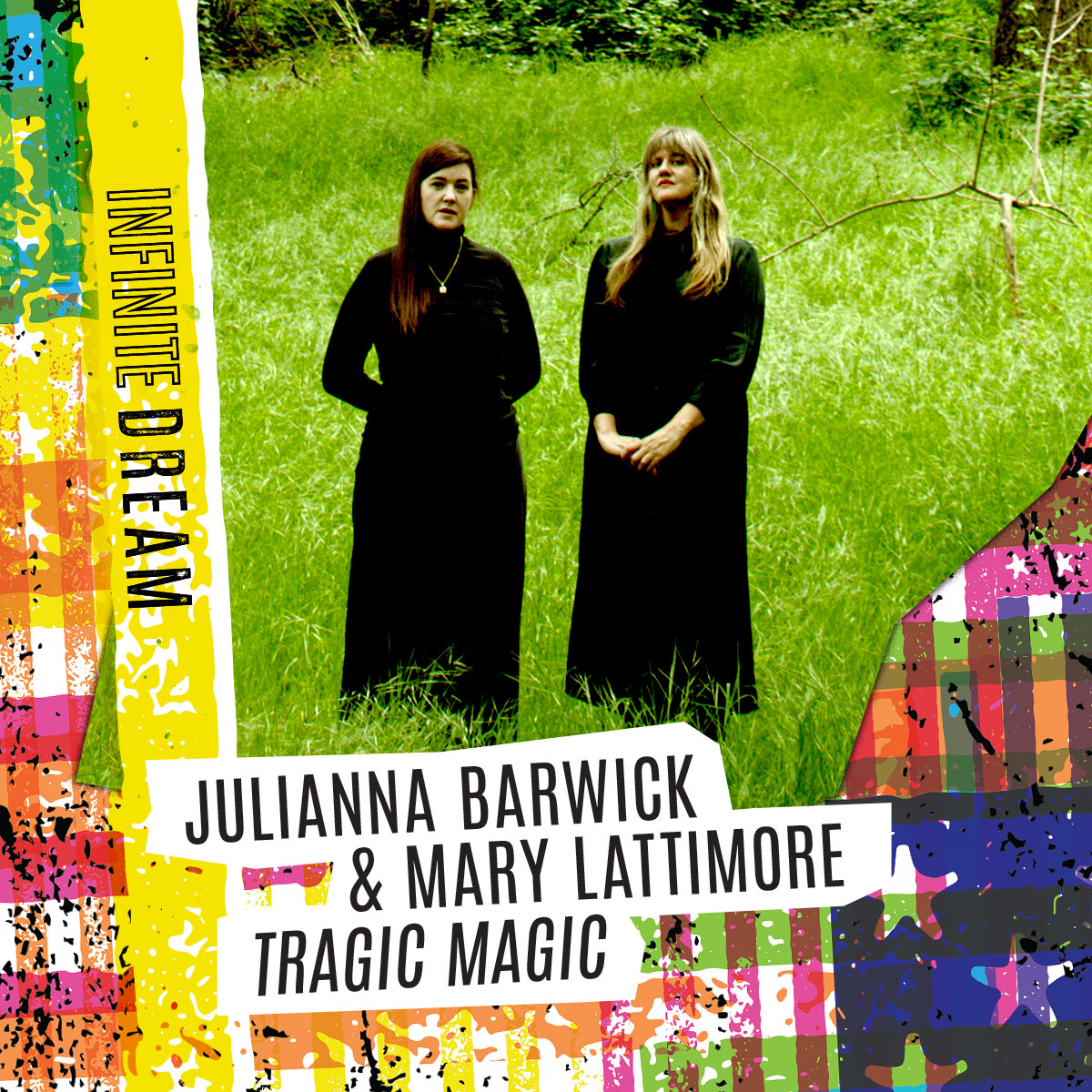 Julianna Barwick and Mary Lattimore standing in a grassy field wearing all black