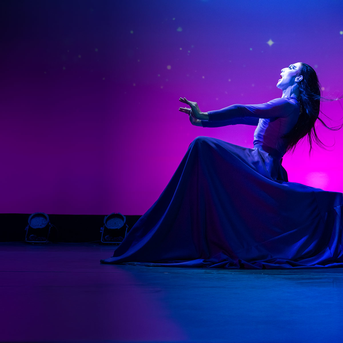 Dancer performing Marthaodyssey in a deep lunge with arms extended straight forward and cupped hands