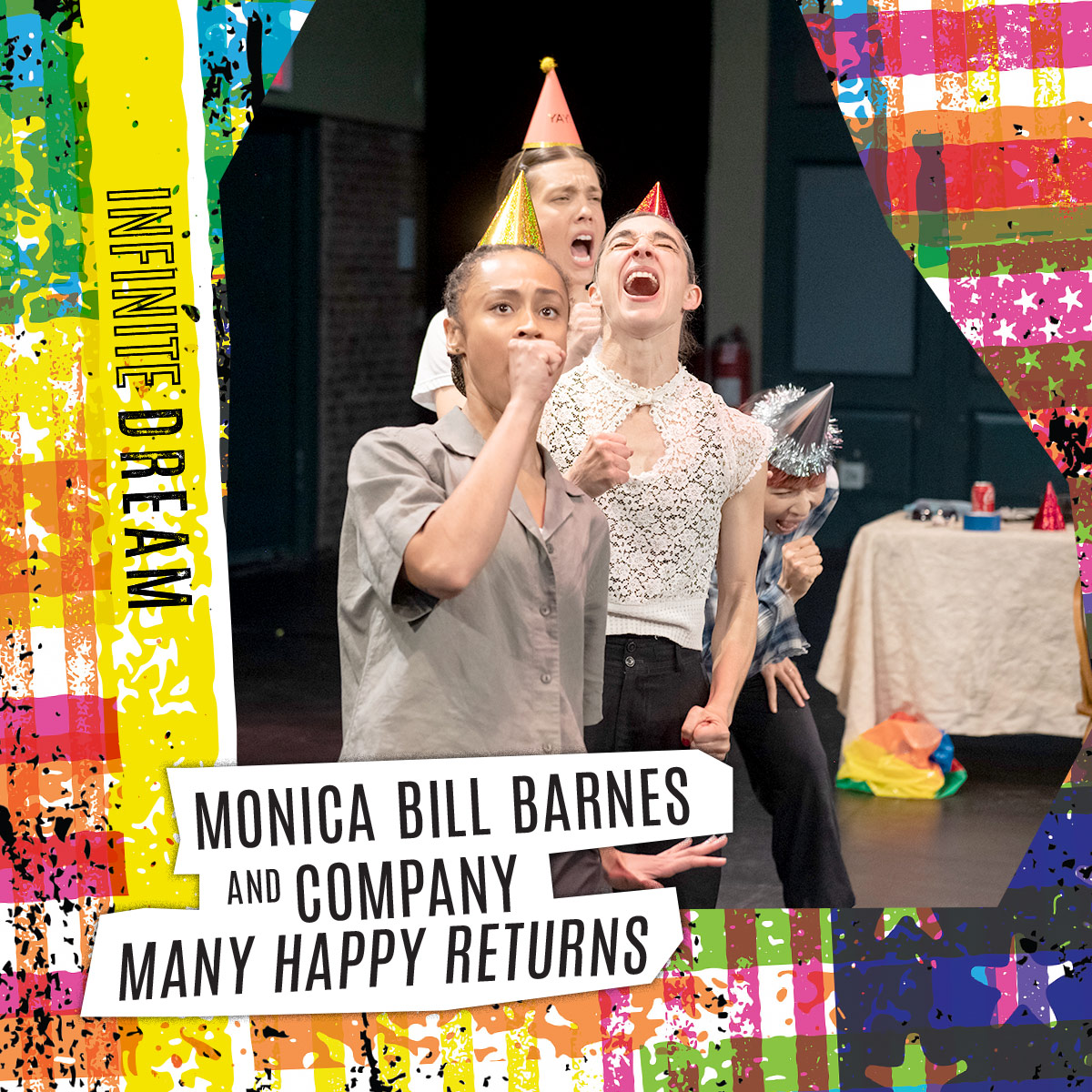 Monica Bill Barnes & Company performing wearing party hats