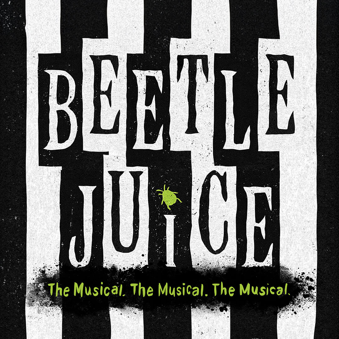 Black and white striped background with text Beetlejuice in center