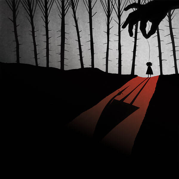 Graphic of a dark forest with a hand pulling the string of a girl, like a marionette mobile