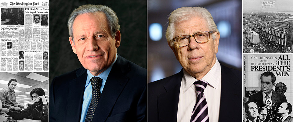 Woodward and Bernstein pictured next to black and white newspaper pages