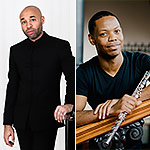 Left: a portrait of Aaron Diehl in a black outfit, leaning against a piano. Right: Brandon Patrick George leaning on a staircase railing, holding a flute.