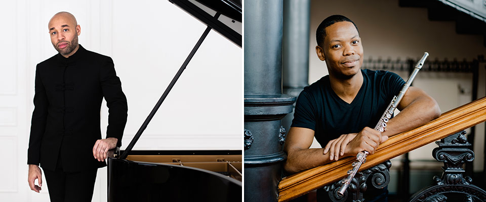 Left: a portrait of Aaron Diehl in a black outfit, leaning against a piano. Right: Brandon Patrick George leaning on a staircase railing, holding a flute.