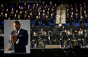 A portrait of Wynton holding a trumpet; a black-clad orchestra and choir mid performance