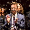 Choreographer Christopher Wheeldon enjoys the snow confetti at the Auditorium Theatre after announcing the artistic team for the company's new production 