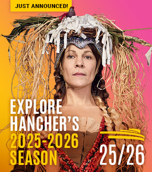 Lili Taylor wearing a headdress against a pink and orange gradient background. Text  says Hancher's 2025-2026 season just announced 