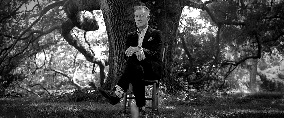 Black and white photo of Lyle Lovett sitting in chair in front of a large tree with Just Added gold text box in upper left 