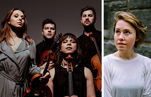 2/3 of left image is Attacca Quartet in dark colors with grey background with their instruments. right 1/3 of image is headshot of Caroline Shaw in a white long sleeve against green brick looking up and to the left
