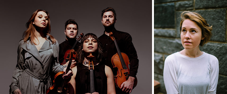 2/3 of left image is Attacca Quartet in dark colors with grey background with their instruments. right 1/3 of image is headshot of Caroline Shaw in a white long sleeve against green brick looking up and to the left