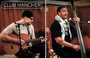 Brian Quijada + Nygel D Robinson playing guitar and cello in front of microphone with Club Hancher text treatment in upper left corner