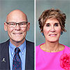 Color headshot of James Carville. Color headshot of Mary Matalin