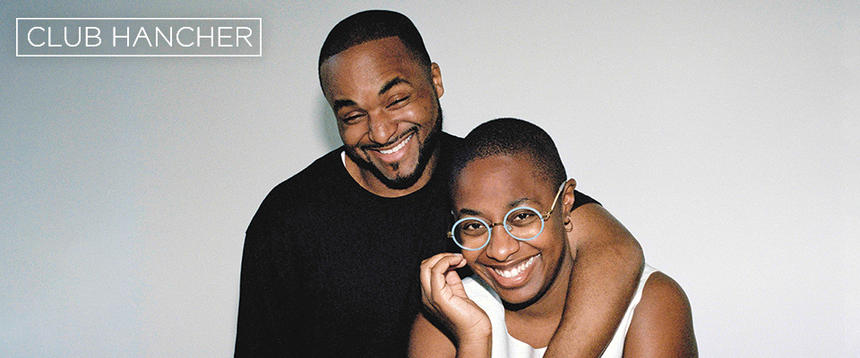 Cecile McLorin Salvant sitting with Sullivan Fortner's arm around Cecile's shoulders. Club Hancher text treatment in upper left corner