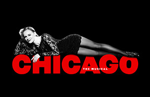 Black and white Chicago title with actress in black dress laying on top of the title