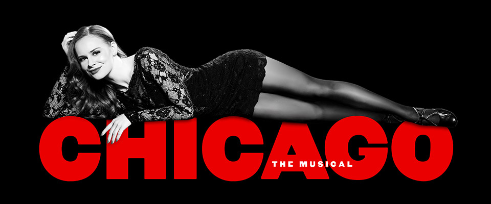 Black and white Chicago title with actress in black dress laying on top of the title