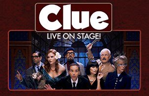 Clue cast standing center of image