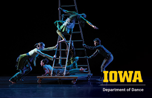 Department of Dance members performing a work on stage climbing a ladder
