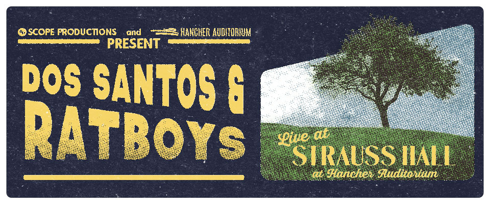 Blue and yellow faded poster for Dos Santos and Ratboys Live at Strauss Hall with image of a tree in a field 