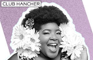 Dulce Sloan in a black and white image with white flowers around her face. The back of the poster is purple