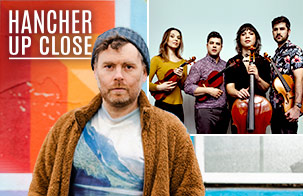 Gabriel Kahane and Attacca Quartet: Gabriel Kahane is on left in colorful clothing. Attacca Quartet is in the image on the right