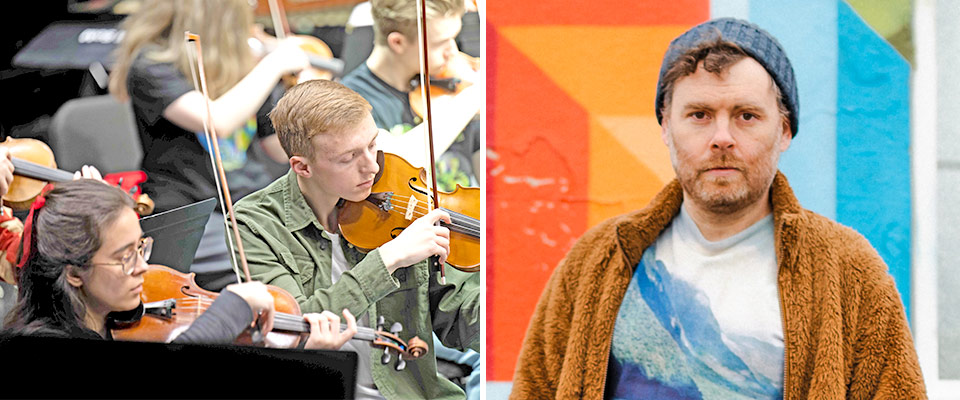 University of Iowa Symphony Orchestra with Gabriel Kahane and Lowell Libermann UI symphony orchestra on left, Gabriel Kahane on right