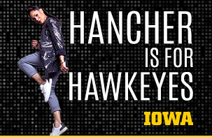 Ayodele Casel in a dance pose next to text "Hancher is for Hawkeyes" 