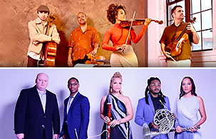 Imani Winds and Harlem Quartet Imani Winds on left side of the image and Harlem Quartet on the right side of the image