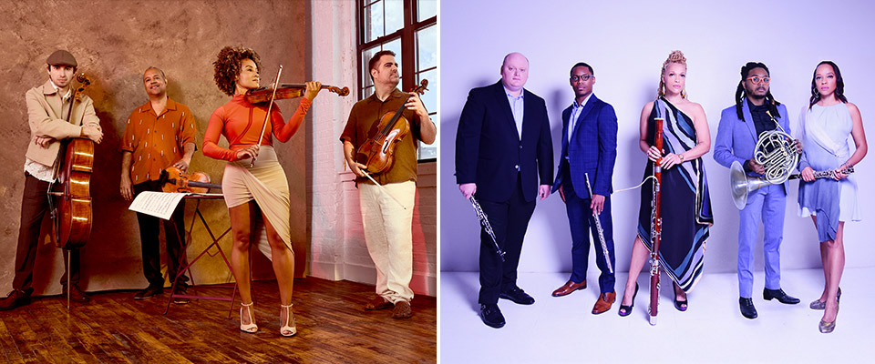 Imani Winds on left side of the image and Harlem Quartet on the right side of the image