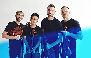 JACK Quartet standing with their instruments looking at the camera with a blue overlay diagonally crossing their midbodies