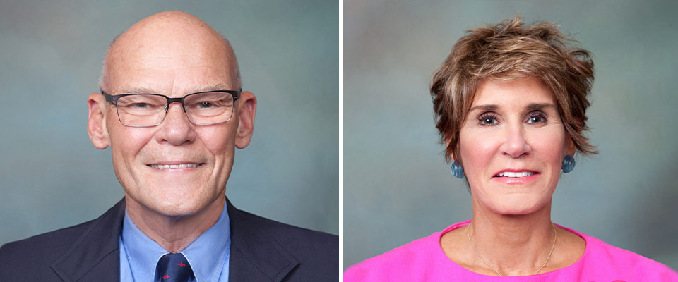 Side by side color headshot of James Carville and color headshot of Mary Matalin