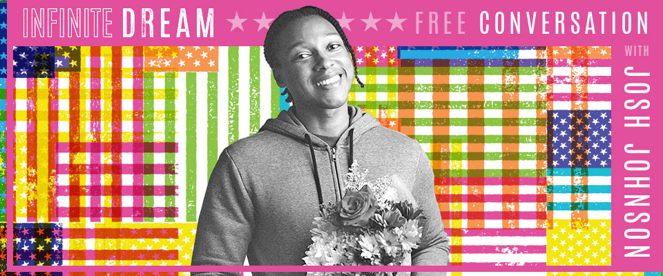 Josh Johnson standing against the Infinite Dream flag treatment. Johnson is holding a bouquet of flowers