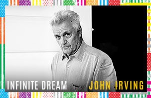 Black and white headshot of John Irving with colored flag Infinite Dream boarder