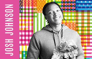 Josh Johnson standing against the Infinite Dream flag treatment. Johnson is holding a bouquet of flowers