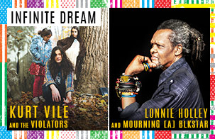 On left image of Kurt Vile crouching next to a large tree in the fall with two children behind him, on right a side profile of Lonnie Holley 