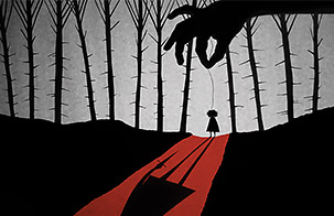 Shadow puppet stage of a young girl in the woods