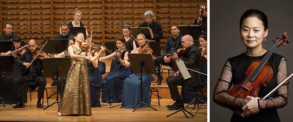 Midori playing with Festival Strings Lucerne on the left and a headshot of Midori on right side holding her string instrument