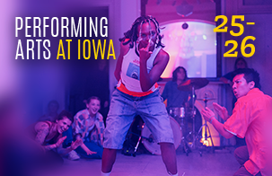 Dancers performing in a house atmosphere under a pink light with text "Performing Arts At Iowa 25-26)
