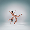 Two Pilobolus dance members, one going into a back bend, the other balancing their torso on the person going into a back bend