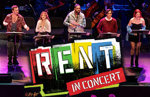 Vocal singers standing on stage with graphic RENT in Concert in lower right